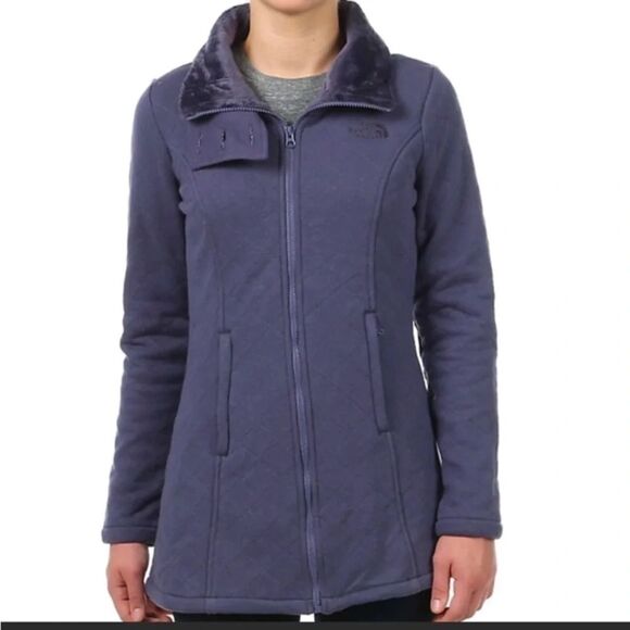 The North Face Caroluna quilted fleece jacket purple long coat zip up size small - Picture 6 of 8